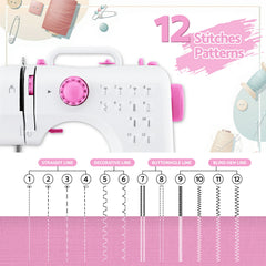 Devanti 12 Stitches Mini Sewing Machine for Beginners Portable Sewing Machine Kit with LED Lights