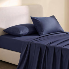 Giselle Kingsingle 500TC Cotton 4Pcs Sheet Set with 40cm Extra Deep Pocket for Thick Mattresses Sateen Weave for Sweaty Nights Navy Blue