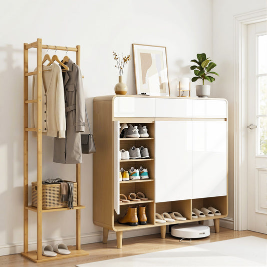 Artiss Shoe Rack Cabinet Wooden & Bamboo Clothes Rack Set Storage Shelf White Pine