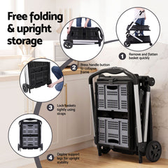 Artiss Shopping Trolley with Wheels 2 Layer w/1 Crate Foldable Trolley Grey