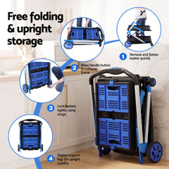 Artiss Shopping Trolley with Wheels 2 Layer w/2 Crates Foldable Trolley Blue
