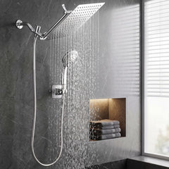Cefito High-Pressure Rain Shower Head with Handheld, Gear-Lock Anti-Sag Arm for Family Spa, 12" Stainless Steel Rainfall & 9-Setting Wand Combo, 3-Way Diverter, Drill-Free Adhesive Bracket