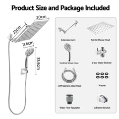 Cefito High-Pressure Rain Shower Head with Handheld, Gear-Lock Anti-Sag Arm for Family Spa, 12" Stainless Steel Rainfall & 9-Setting Wand Combo, 3-Way Diverter, Drill-Free Adhesive Bracket