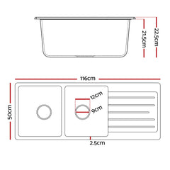 Cefito Kitchen Sink 116x50cm Granite Stone Sink Double Bowl White