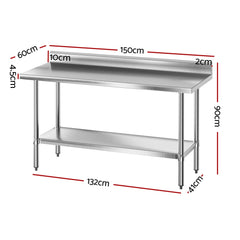 Cefito Stainless Steel Kitchen Bench w/ Splashback 1500x600MM 430