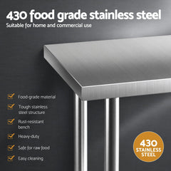 Cefito 914x762mm Stainless Steel Kitchen Bench w/ Splashback Work Table Prep Bench Commercial 430