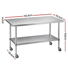 Cefito 1524x762mm Stainless Steel Kitchen Bench w/ Splashback Work Table Prep Bench Commercial 430