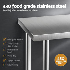 Cefito 1524x762mm Stainless Steel Kitchen Bench w/ Splashback Work Table Prep Bench Commercial 430