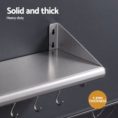 Cefito 610mm 430 Stainless Steel Wall Shelf with Hooks and Side Guards