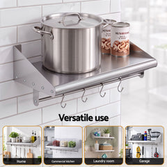 Cefito 610mm 430 Stainless Steel Wall Shelf with Hooks and Side Guards