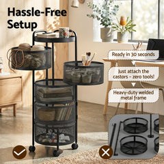 Artiss Storage Trolley Kitchen Cart 5 Tiers Storage Rack Round Basket Black