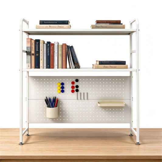 2-Tier Desktop Shelf with Pegboard Organizer Multifunctional Steel Storage Rack with Hooks and Accessories for Home Office Study Max Load 20kg 93x20x96cm