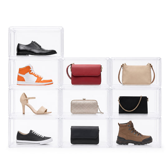 10 Pack Stackable Shoe Box Hard Transparent Acrylic Shoes Storage Container Case with Magnetic Door Multifunctional Display Organiser Each Size 37x26x20cm