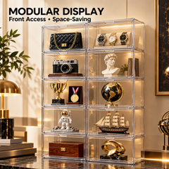10 Pack Stackable Clear Collectible Display Cases with Magnetic Door Modular Keepsake Boxes for Models Awards Watche Figures Memorabilia