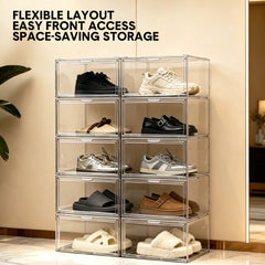 10 Pack Stackable Shoe Box Hard Transparent Acrylic Shoes Storage Container Case with Magnetic Door Multifunctional Display Organiser Each Size 37x26x20cm