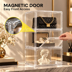 10 Pack Stackable Clear Collectible Display Cases with Magnetic Door Modular Keepsake Boxes for Models Awards Watche Figures Memorabilia