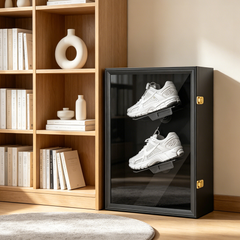 Shoe Display Case Wall Mounted Wooden Sneaker Cabinet with 360 Rotatable Shoe Rack and UV Protection Acrylic Lockable Door Sports Shoes Showcase Box Black