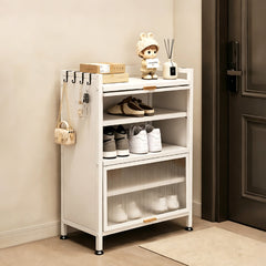 5-Tier Shoe Cabinet Metal Shoe Storage Rack Hold Up to 15 Pairs with Flip-Up Doors Open Bottom and Removable Shelves for Entryway Hallway 60x35x80cm White