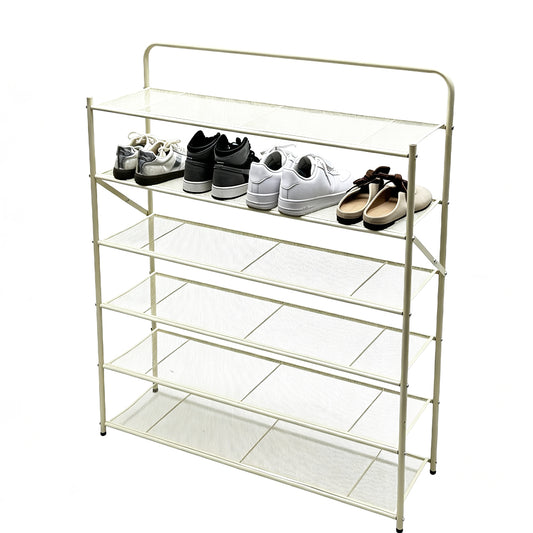 6-Tier Foldable Shoe Rack Hold up to 24 Pairs of Shoes Freestanding Metal Mesh Shelf for Hallway Entryway Balcony Yard No Assembly 89.5Lx26.5Wx110Hcm White