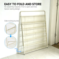 6-Tier Foldable Shoe Rack Pre Assembled Hold up to 24 Pairs of Shoes Freestanding Metal Mesh Shelf for Hallway Entryway Balcony Yard 9.5Lx26.5Wx110Hcm White