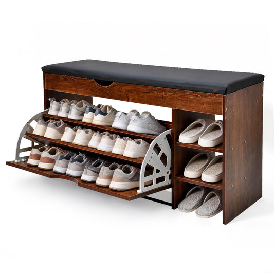 3-Tier Shoe Storage Bench Seat Entryway Shoe Rack Cabinet with Lift Top Storage and PU Leather Cushion for Home Apartment Entrances Hallways 100x30x51.5cm