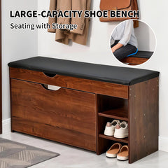 3-Tier Shoe Storage Bench Seat Entryway Shoe Rack Cabinet with Lift Top Storage and PU Leather Cushion for Home Apartment Entrances Hallways 100x30x51.5cm