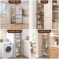 7-Tier Narrow Gap Storage Shelf Slim Refrigerator Side Storage Rack with Sliding Baskets and Paper Towel Holder for Kitchen Bathroom No Drill Height 178cm
