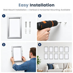 10 Pack A4 Snap Frame Aluminum Front Loading 25mm Mitred Frame with PVC Cover for Wall Mounted Certificate Photo Notice Posters Includes Fixing Kit
