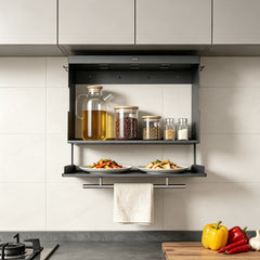 Wall Spice Rack Magnetic Flip Down Prep Tray Cabinet Steel Large Capacity Foldable Double Layer Kitchen Storage Organizer with Hooks for Spices and Dishes
