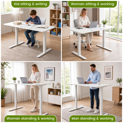Electric Standing Desk 140 x 60cm Ergonomic Sit Stand Desk Height Adjustable with Hanging Hooks and Cable Management Home Office Computer White