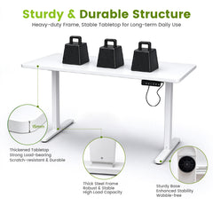 Electric Standing Desk 140 x 60cm Ergonomic Sit Stand Desk Height Adjustable with Hanging Hooks and Cable Management Home Office Computer White