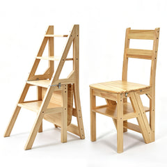 Convertible Wooden Step Ladder Chair 4 Step Folding Chair Solid Pine Wood 120kg Capacity Space Saving Kitchen Household Step Stool Storage Display Shelf