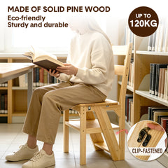 Convertible Wooden Step Ladder Chair 4 Step Folding Chair Solid Pine Wood 120kg Capacity Space Saving Kitchen Household Step Stool Storage Display Shelf
