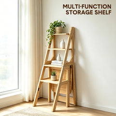 Convertible Wooden Step Ladder Chair 4 Step Folding Chair Solid Pine Wood 120kg Capacity Space Saving Kitchen Household Step Stool Storage Display Shelf
