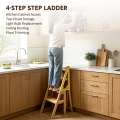 Convertible Wooden Step Ladder Chair 4 Step Folding Chair Solid Pine Wood 120kg Capacity Space Saving Kitchen Household Step Stool Storage Display Shelf