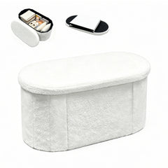 Oval Storage Ottoman Bench with 85L Hidden Storage Teddy Fleece Footrest Foldable Shoe Bench 150kg Capacity for Bedroom Living Room White