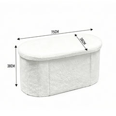 Oval Storage Ottoman Bench with 85L Hidden Storage Teddy Fleece Footrest Foldable Shoe Bench 150kg Capacity for Bedroom Living Room White