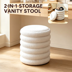 Round Storage Ottoman Teddy Fleece Vanity Stool Comfy Seat with 20L Hidden Storage for Living Room Bedroom Entryway No Assembly 150kg Capacity 37x46cm
