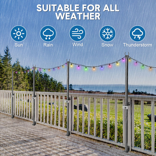 4 Pack String Light Poles 113cm Height Wall-Mounted Lighting Brackets Outdoor Metal Hanging Light Poles with Fixing Clips for Patio Deck Fence Garden