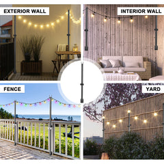 4 Pack String Light Poles 113cm Height Wall-Mounted Lighting Brackets Outdoor Metal Hanging Light Poles with Fixing Clips for Patio Deck Fence Garden