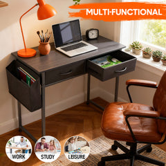 80cm Study Desk Home Office Computer Desk with 2 Fabric Drawers Side Pocket and Hook Modern Small Writing Table for Bedroom Dorm Small Spaces Black