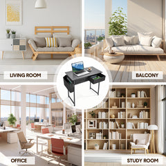 80cm Study Desk Home Office Computer Desk with 2 Fabric Drawers Side Pocket and Hook Modern Small Writing Table for Bedroom Dorm Small Spaces Black