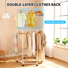 Hexagonal Rotating Clothing Rack 2-Tier 360 Swivel Metal Clothes Drying Rack with Wheels For Dorm Bedroom Apartment Freestanding Garment Organizer 80x178cm