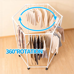 Hexagonal Rotating Clothing Rack 2-Tier 360 Swivel Metal Clothes Drying Rack with Wheels For Dorm Bedroom Apartment Freestanding Garment Organizer 80x178cm