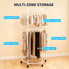Hexagonal Rotating Clothing Rack 2-Tier 360 Swivel Metal Clothes Drying Rack with Wheels For Dorm Bedroom Apartment Freestanding Garment Organizer 80x178cm