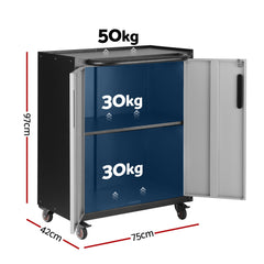 Giantz Rolling Tool Cabinet Heavy-Duty Storage Cabinet Adjustable Shelf Black and Grey