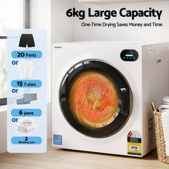 Devanti 6kg Tumble Dryer, Intelligent Touch Screen Clothes Dryer with 4 Drying Modes Stainless Steel Drum, 54x60x67.5cm