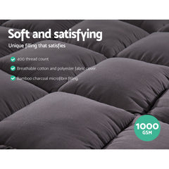 Giselle Bedding Bamboo Charcoal Filling Pillowtop Topper 1000GSM 5cm Thick Pillowtop Pad for Back Pain Relief Washable with 45cm Deep Pocket Single