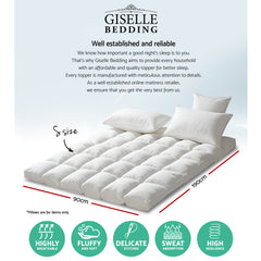 Giselle Bedding Pillowtop Mattress Topper 5cm Thick Pad for Back Pain Relief Washable Underlay Protector 1000GSM Microfibre Filling 45cm Deep Pocket Single