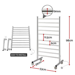 Devanti 10-Bar Freestanding Heated Towel Rail 3-5 Mins Fast Heating Electric Towel Warmer for Bathroom Winter Drying Stainless Steel Plug In 100W